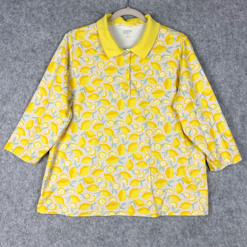 Lands End Polo Shirt‎ Womens 1X Yellow Lemon Supima Cotton 3/4 Sleeve Summer